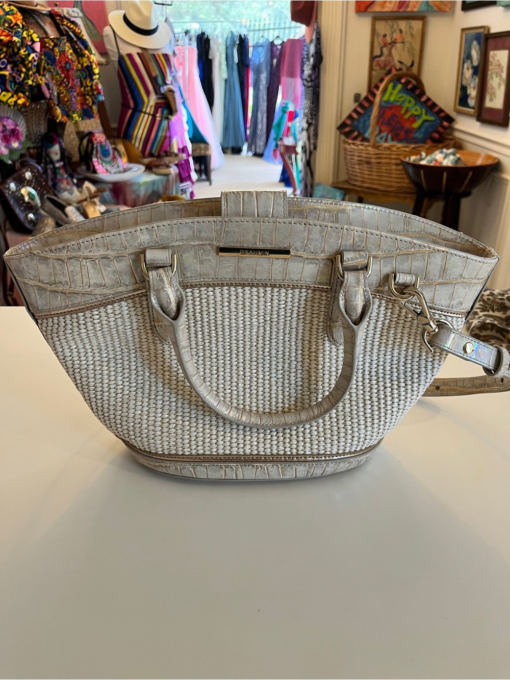 Brahmin Cream Jenny Woven Satchel with Croc embossed leather +iridescent accents